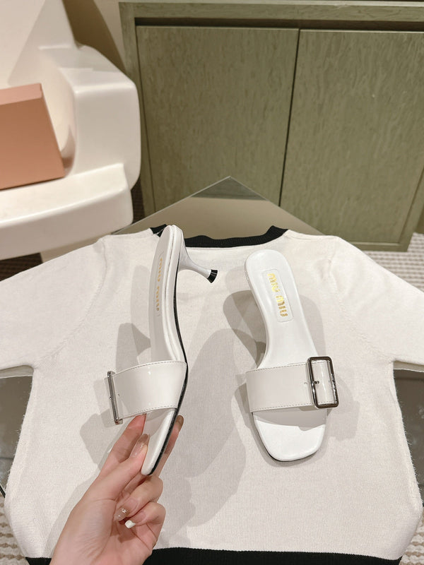 Miu x Balanc Studded Buckle Elegant Mules 45mm White Patent Leather 445871