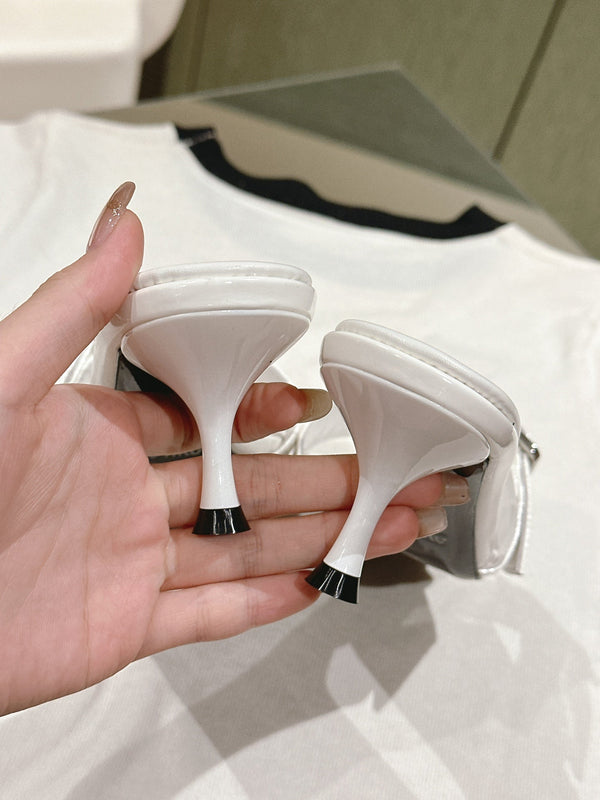 Miu x Balanc Studded Buckle Elegant Mules 45mm White Patent Leather 445871