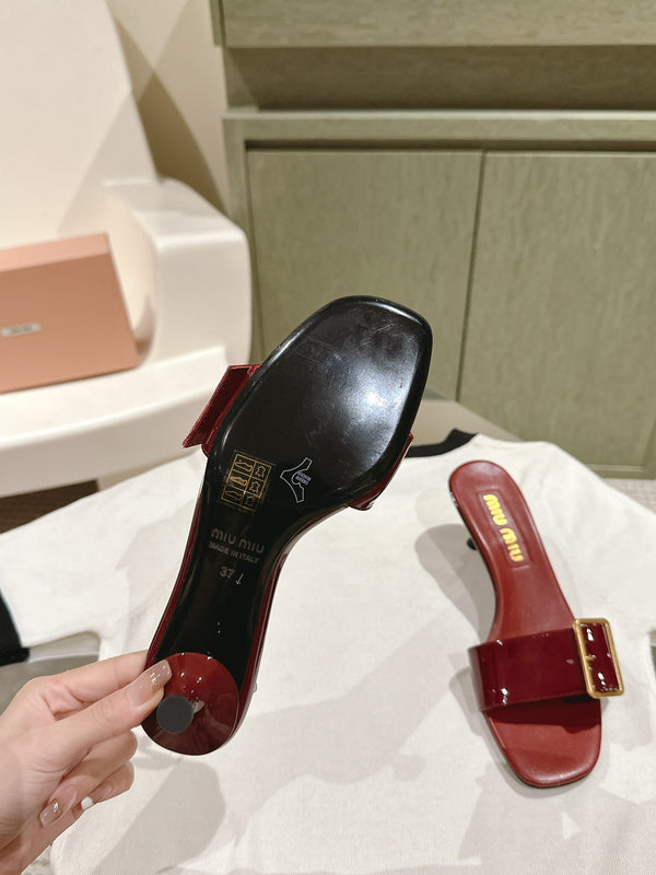 Miu x Balanc Studded Buckle Elegant Mules 45mm Burgundy Patent Leather