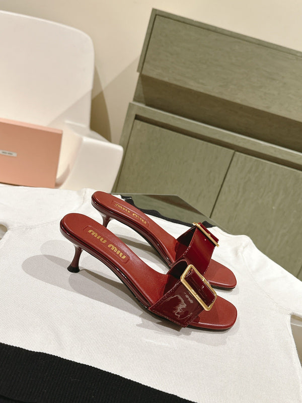 Miu x Balanc Studded Buckle Elegant Mules 45mm Burgundy Patent Leather