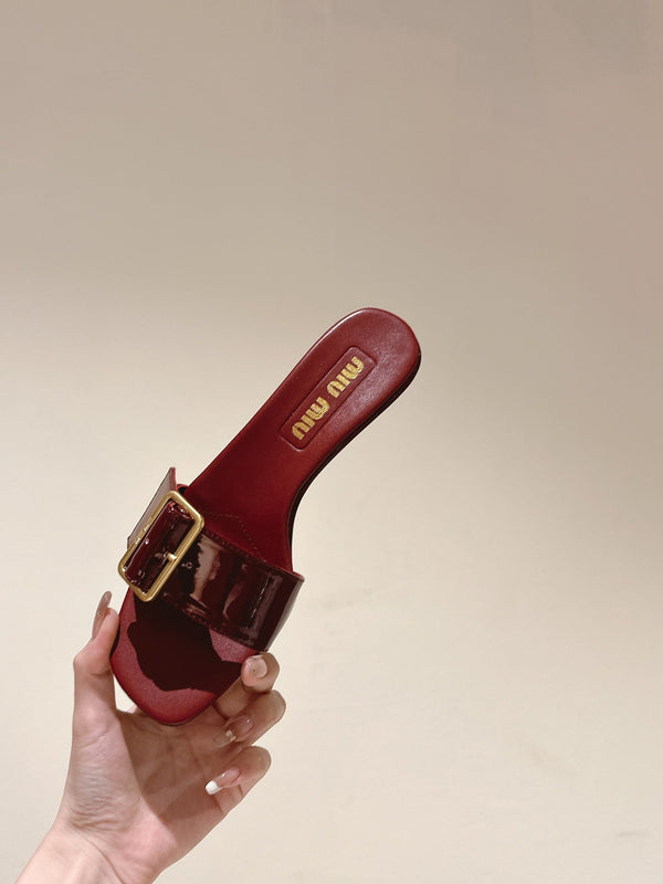 Miu x Balanc Studded Buckle Elegant Mules 45mm Burgundy Patent Leather