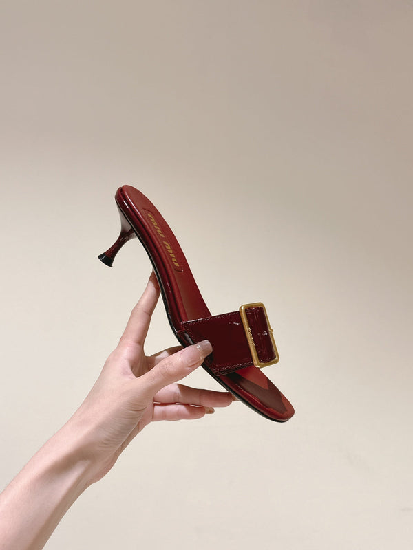 Miu x Balanc Studded Buckle Elegant Mules 45mm Burgundy Patent Leather
