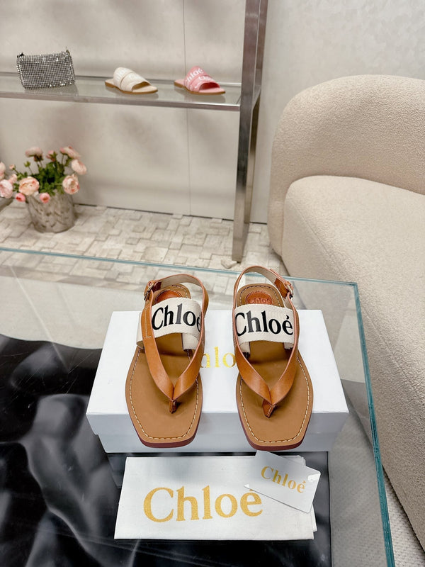 CHLOÉ THONG SANDALS IN CINNAMON BROWN CALFSKIN AND WHITE CANVAS