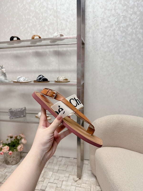 CHLOÉ THONG SANDALS IN CINNAMON BROWN CALFSKIN AND WHITE CANVAS
