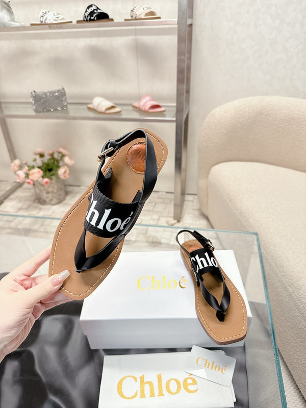CHLOÉ THONG SANDALS IN BLACK CALFSKIN AND CANVAS