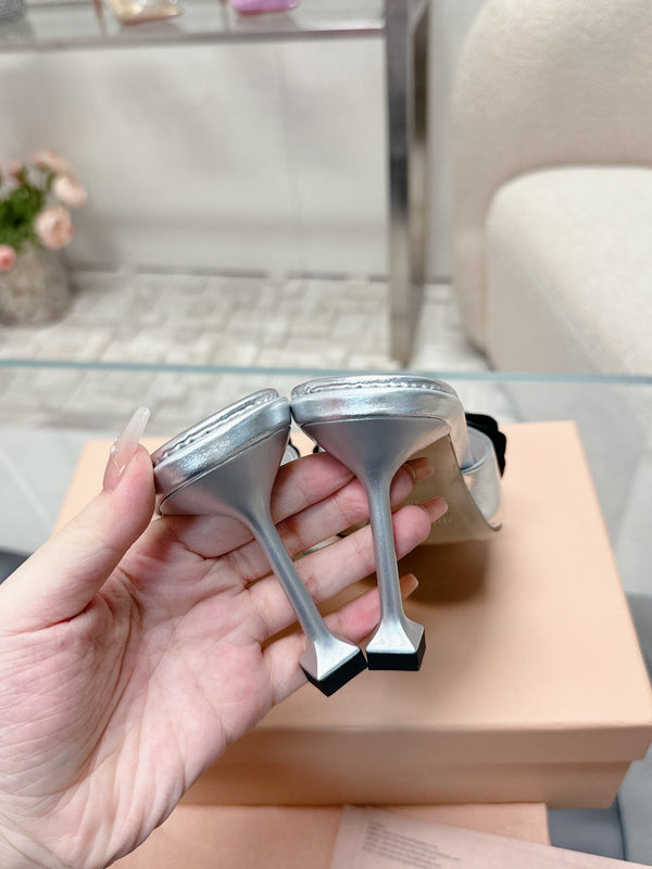 Miu Mordoré Black Bows Mules 70mm Sliver Cowhide 445513