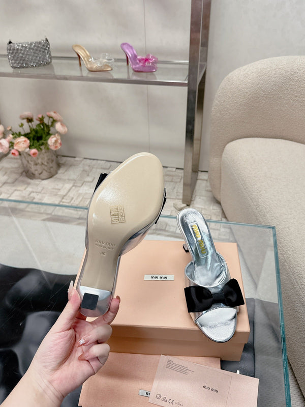Miu Mordoré Black Bows Mules 70mm Sliver Cowhide 445513
