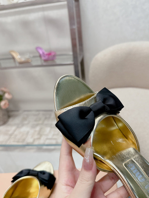 Miu Mordoré Black Bows Mules 70mm Gold Cowhide 445514