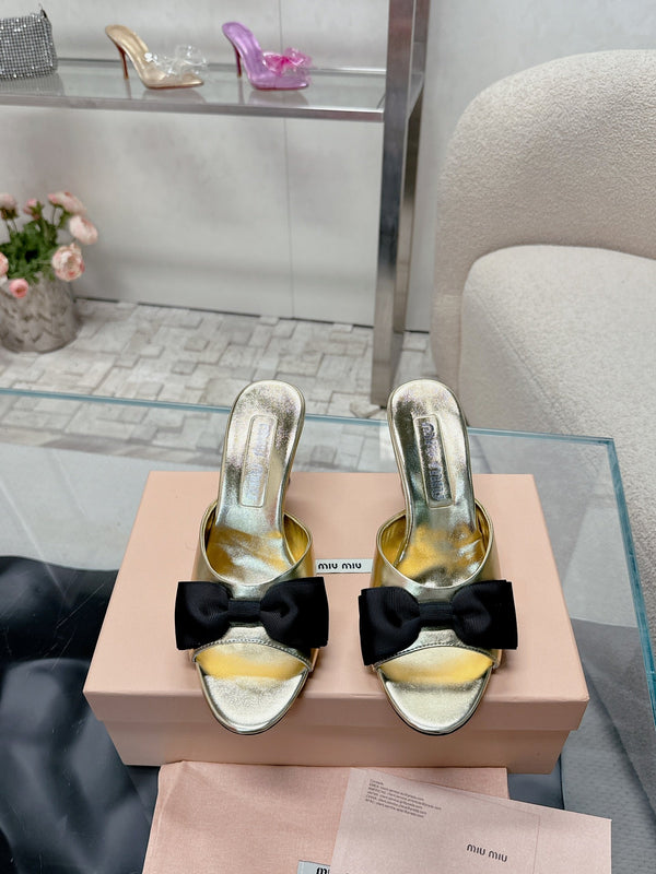 Miu Mordoré Black Bows Mules 70mm Gold Cowhide 445514
