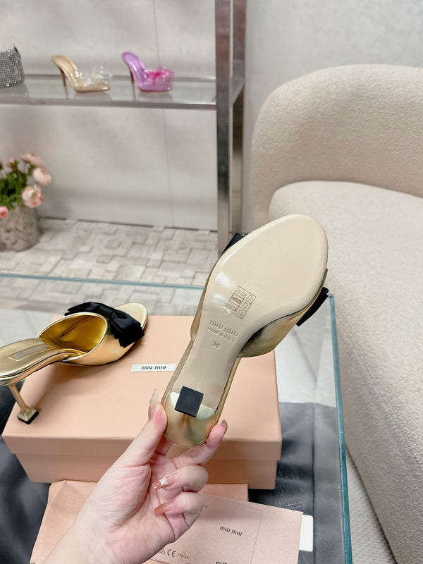 Miu Mordoré Black Bows Mules 70mm Gold Cowhide 445514