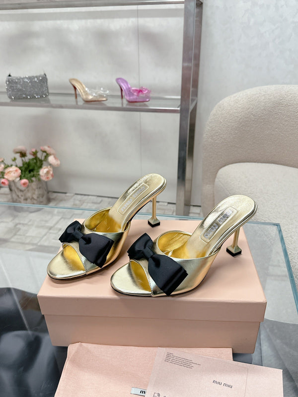 Miu Mordoré Black Bows Mules 70mm Gold Cowhide 445514