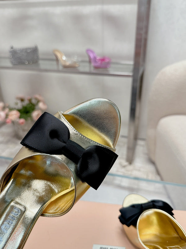 Miu Mordoré Black Bows Mules 70mm Gold Cowhide 445514
