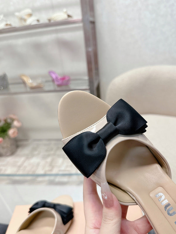 Miu Mordoré Black Bows Mules 70mm Beige Cowhide 445515