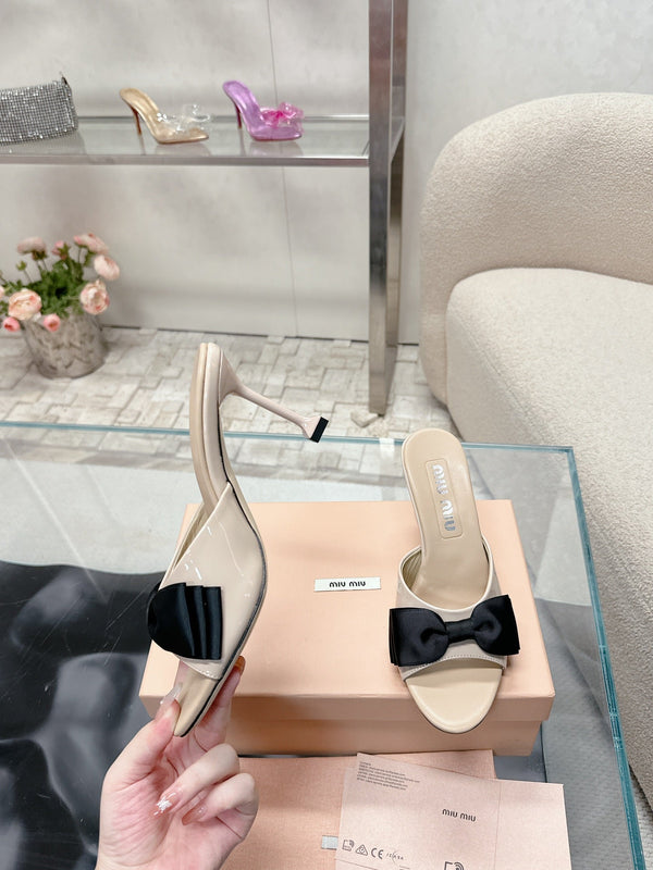 Miu Mordoré Black Bows Mules 70mm Beige Cowhide 445515