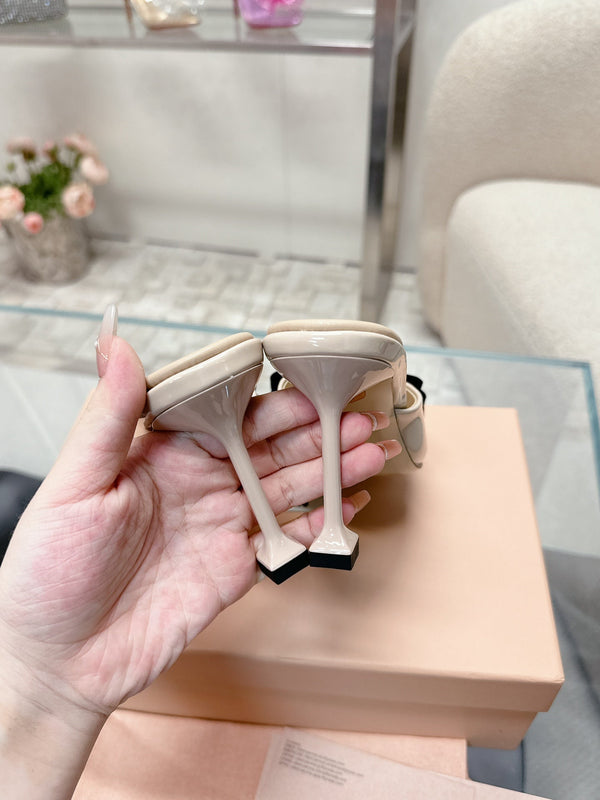 Miu Mordoré Black Bows Mules 70mm Beige Cowhide 445515