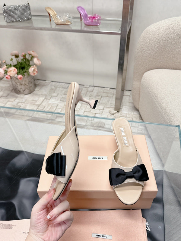 Miu Mordoré Black Bows Mules 50mm Beige Cowhide 445517