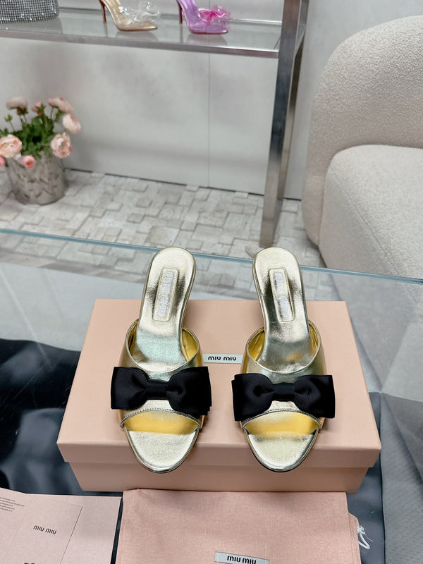 Miu Mordoré Black Bows Mules 50mm Gold Cowhide 445518