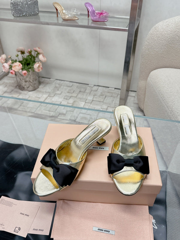 Miu Mordoré Black Bows Mules 50mm Gold Cowhide 445518