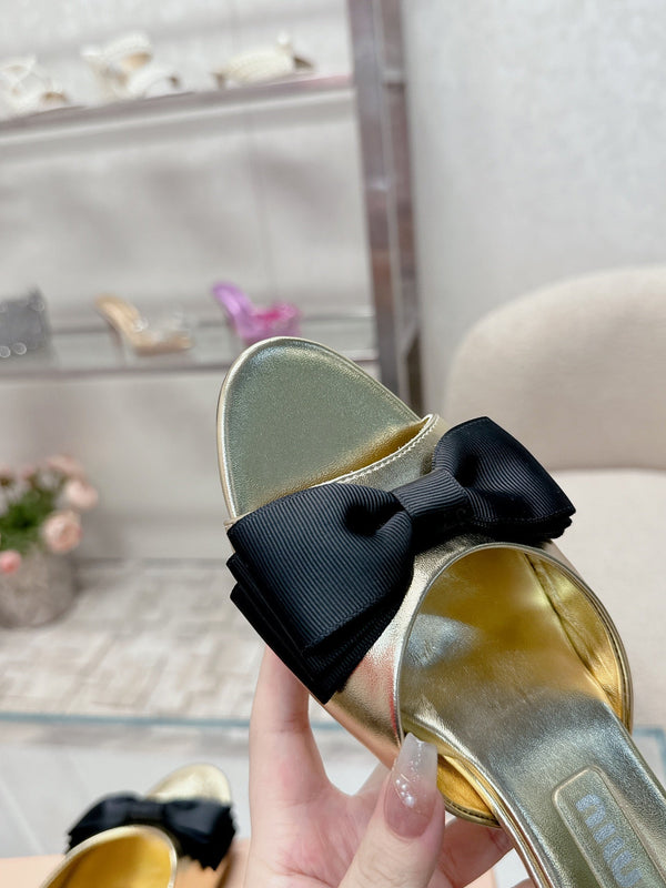 Miu Mordoré Black Bows Mules 50mm Gold Cowhide 445518