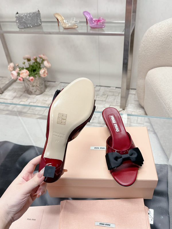 Miu Mordoré Black Bows Mules 50mm Burgundy Cowhide 445520