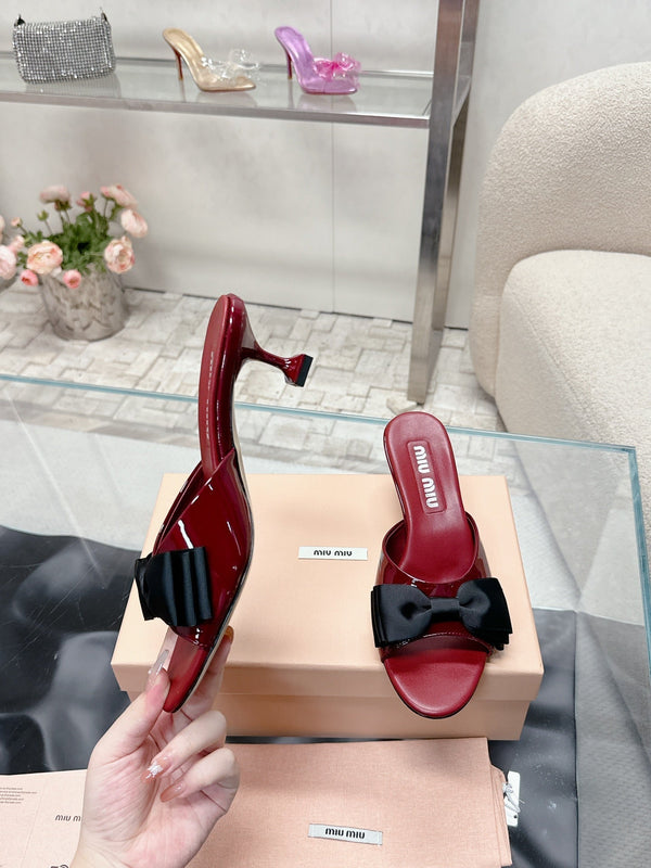 Miu Mordoré Black Bows Mules 50mm Burgundy Cowhide 445520