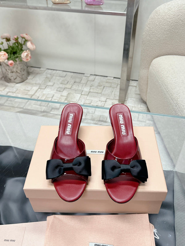 Miu Mordoré Black Bows Mules 50mm Burgundy Cowhide 445520