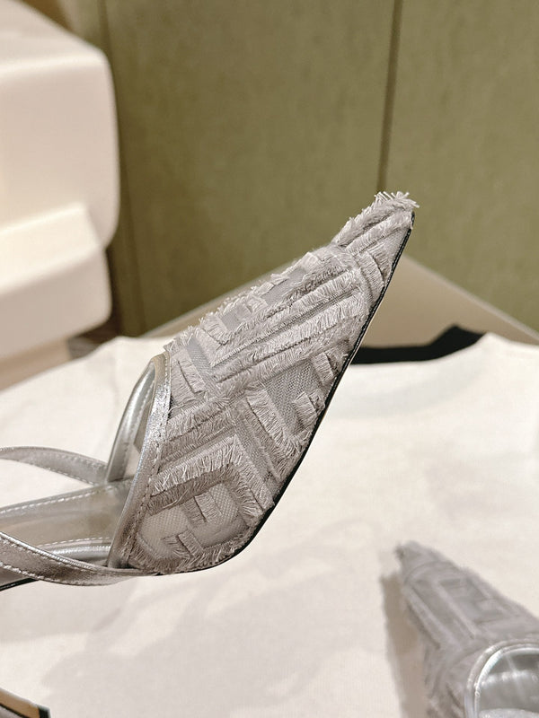 FENDI COLIBRÌ HIGH-HEELED SLINGBACKS 75MM IN LIGHT GREY FABRIC