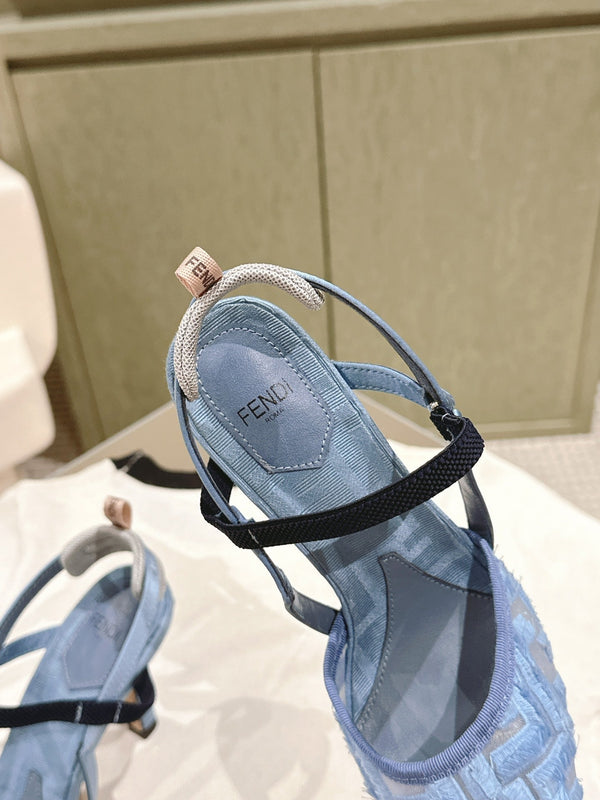 FENDI COLIBRÌ HIGH-HEELED SLINGBACKS 75MM IN SKY BLUE FABRIC