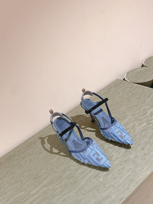 FENDI COLIBRÌ HIGH-HEELED SLINGBACKS 75MM IN SKY BLUE FABRIC