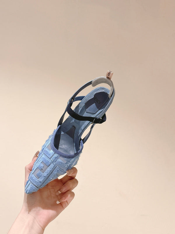 FENDI COLIBRÌ HIGH-HEELED SLINGBACKS 75MM IN SKY BLUE FABRIC