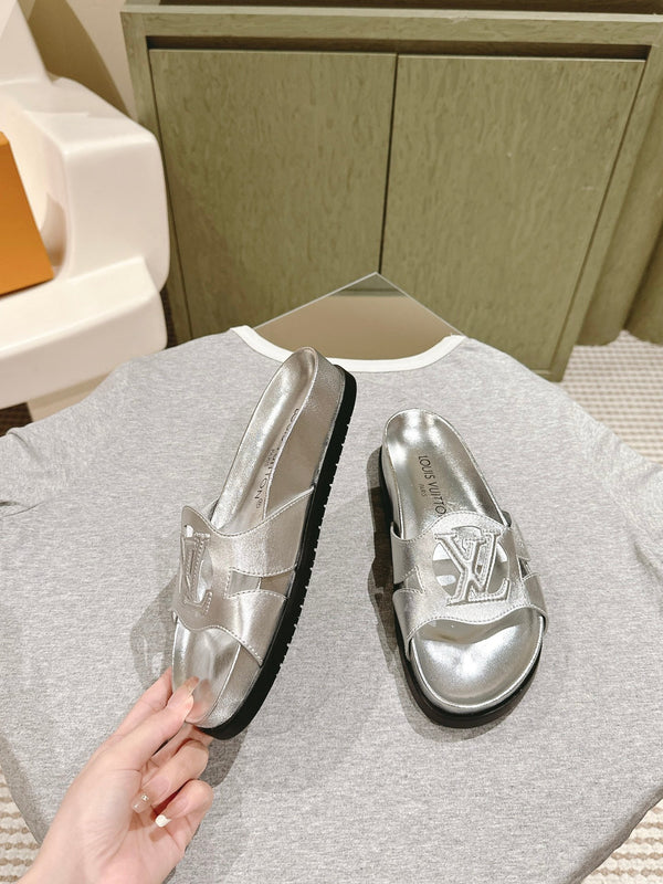 lv sandal isola flat mule silver metalic calfskin