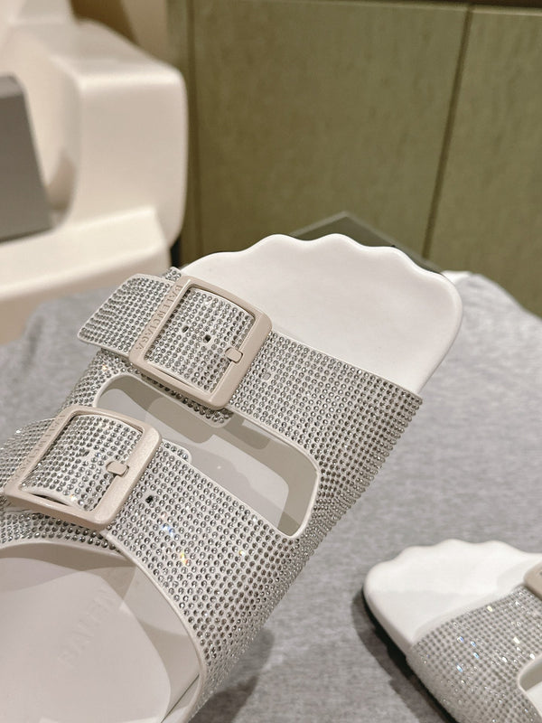 BIRKENSTOCK SLIPPERS ATTACHED RHINESTONES IN WHITE CALFSKIN