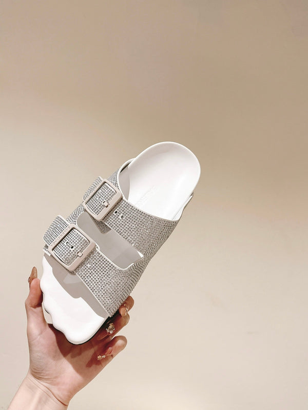BIRKENSTOCK SLIPPERS ATTACHED RHINESTONES IN WHITE CALFSKIN