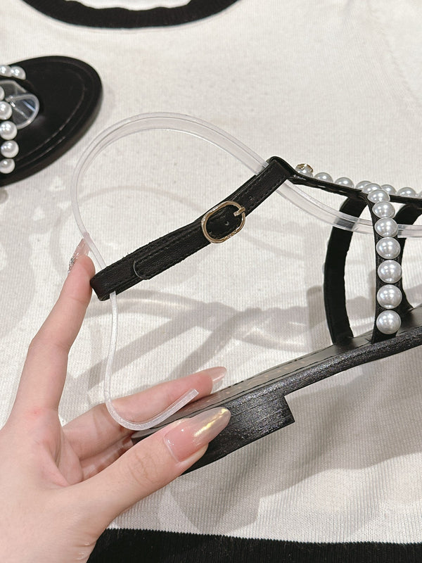 CC SANDALS PEARL ROMAN IN BLACK LAMBSKIN