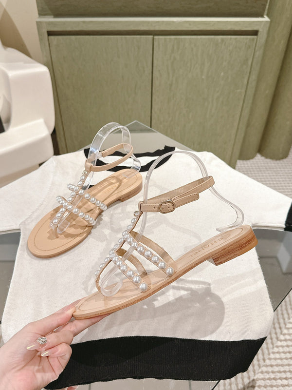 CC SANDALS PEARL ROMAN IN ALMOND BEIGE LAMBSKIN