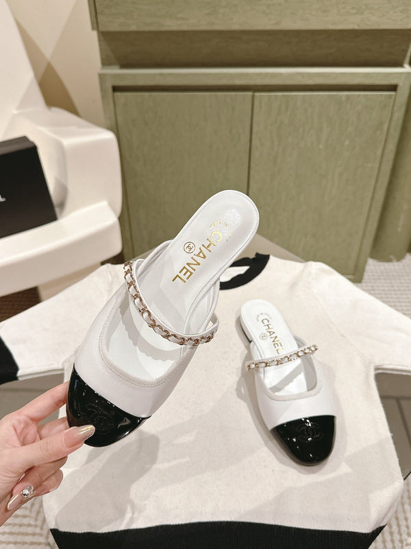 cc mule leather chain white calfskin black patent calfskin