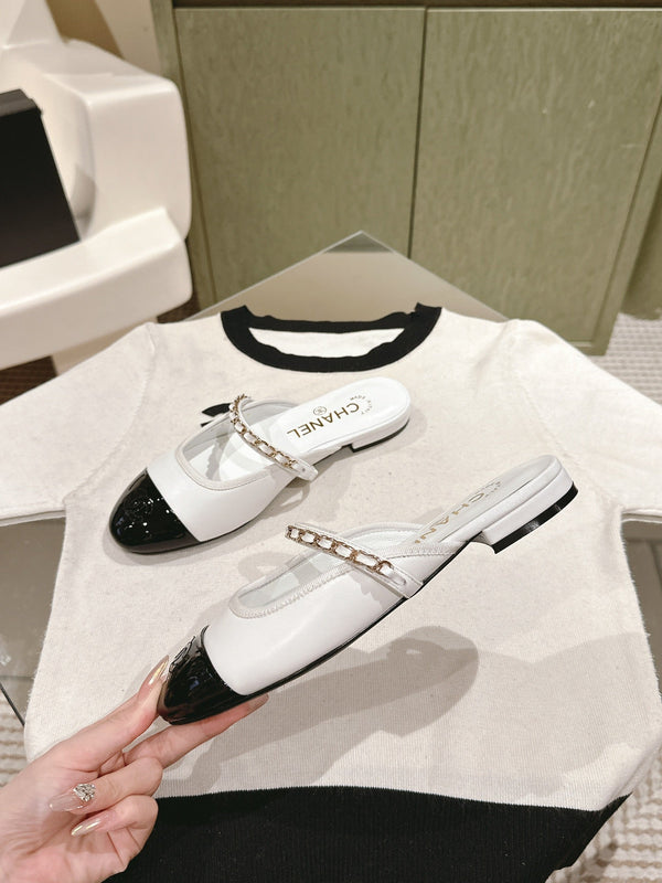 cc mule leather chain white calfskin black patent calfskin