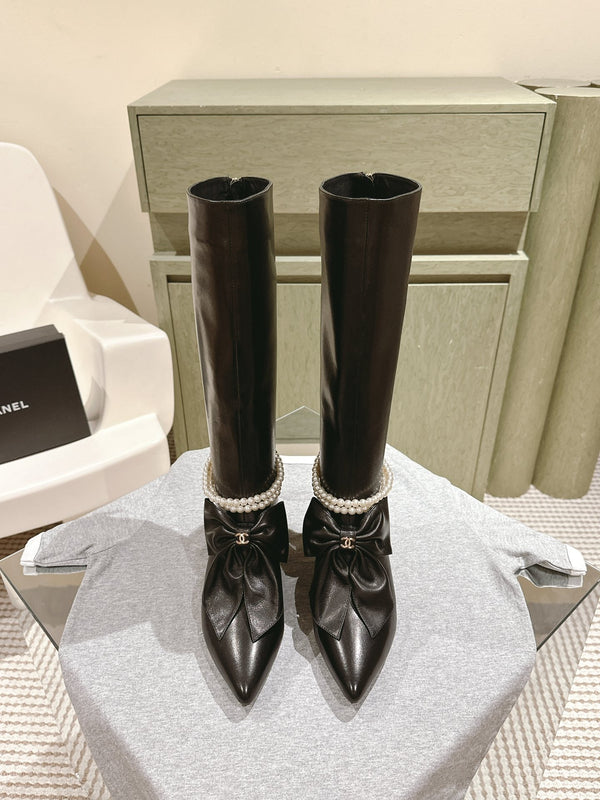 CC 24A Pearl Bow Knee-High Boots 65mm Black Sheepskin 447462