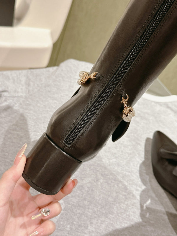 CC 24A Pearl Bow Knee-High Boots 65mm Black Sheepskin 447462