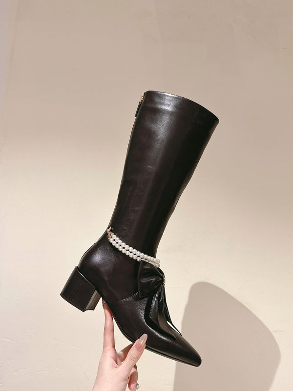 CC 24A Pearl Bow Knee-High Boots 65mm Black Sheepskin 447462