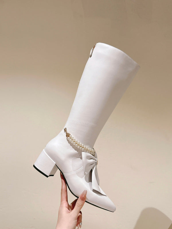 CC 24A Pearl Bow Knee-High Boots 65mm White Sheepskin 447464