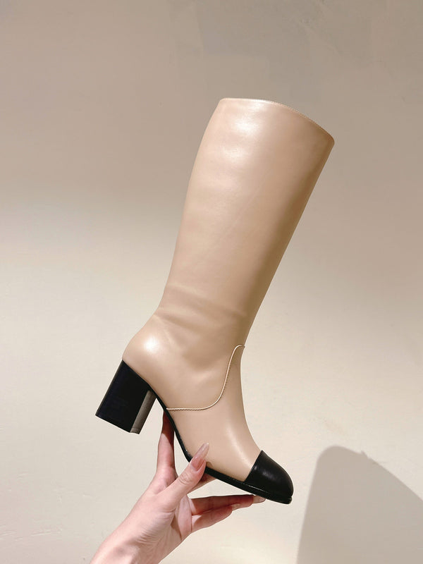 CC 24 FW Knee-High Boots 70mm Beige Black Cowhide 447188