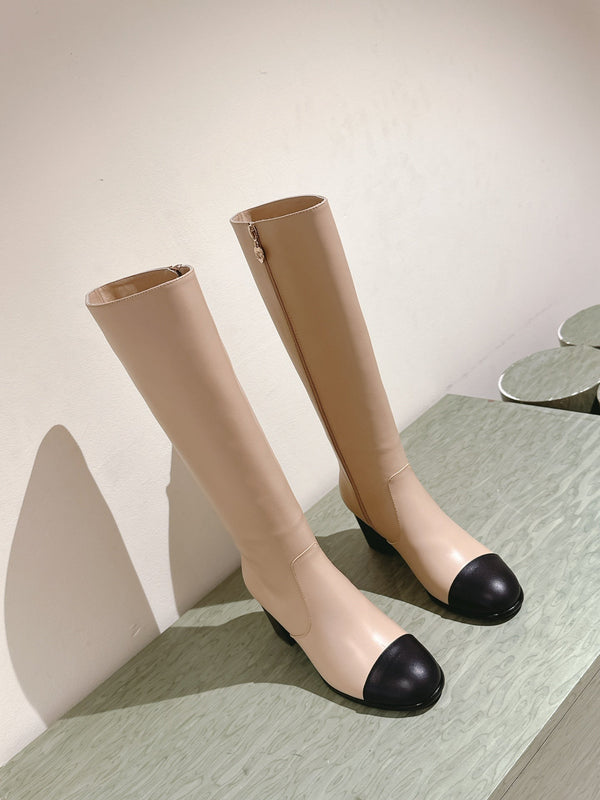 CC 24 FW Knee-High Boots 70mm Beige Black Cowhide 447188