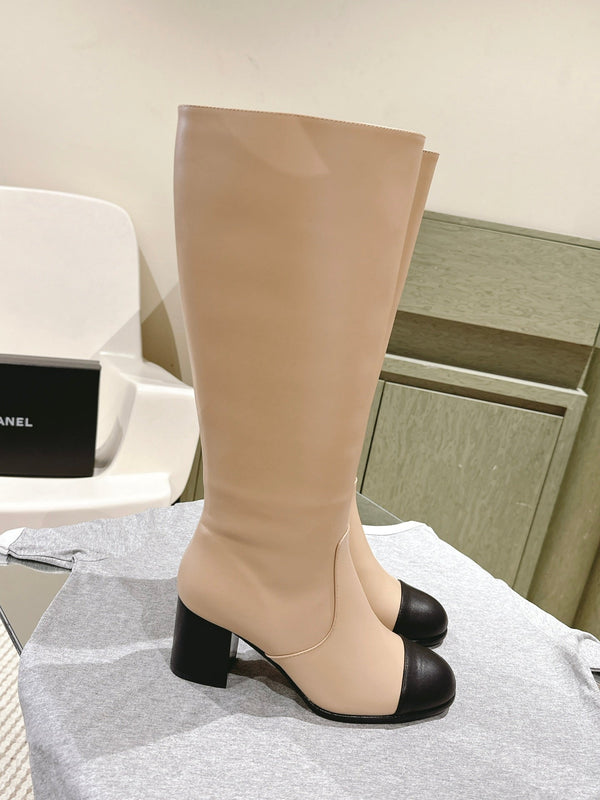 CC 24 FW Knee-High Boots 70mm Beige Black Cowhide 447188