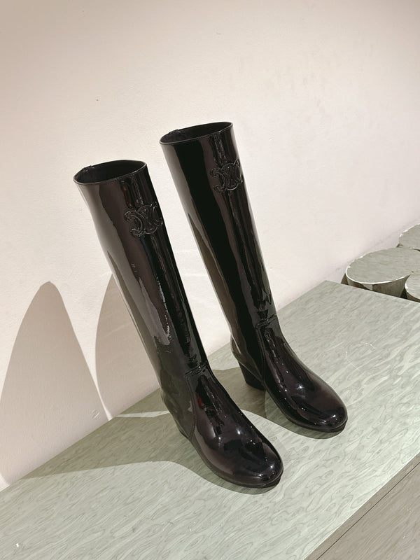 CELINE Les Bottes Triomphe Zipped Long Boot Black Patent Calfskin 452696