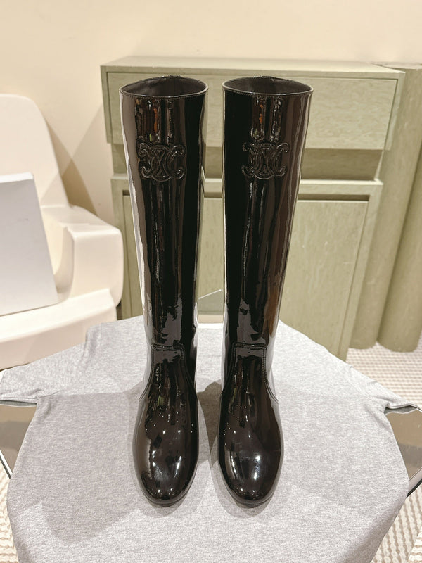 CELINE Les Bottes Triomphe Zipped Long Boot Black Patent Calfskin 452696