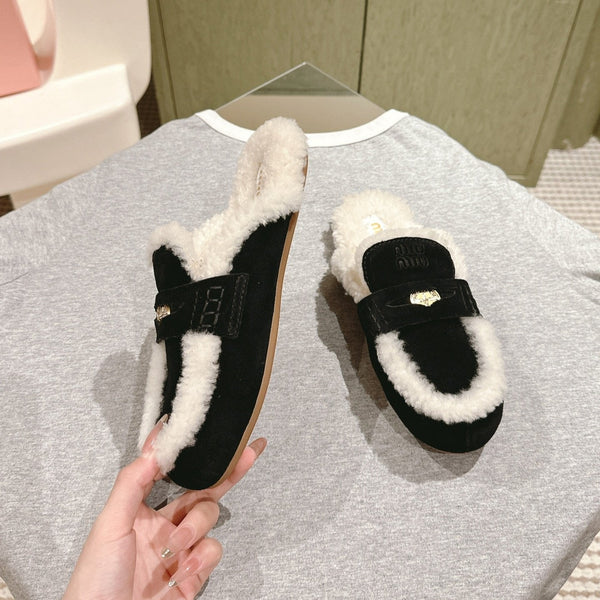 Miu Mule Half Fur Camoscio Nero