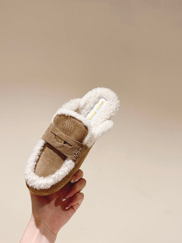 Miu Mule Half Fur Khaki Suede