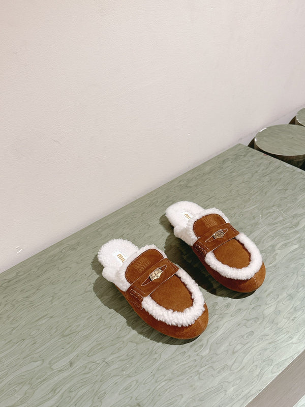 Miu Mule Half Fur Caramel Suede