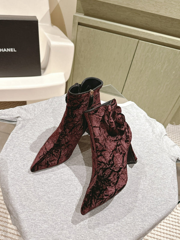 CC Ankle Boots 85mm Brown Red Rough Velvet Fabric